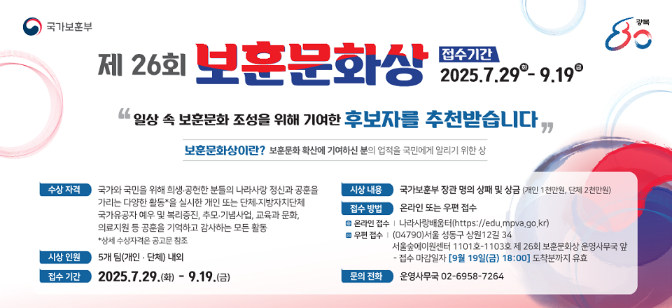 국가보훈부
제 26회
보훈문화상
접수기간
2025.7.29-9.19
광복
85
