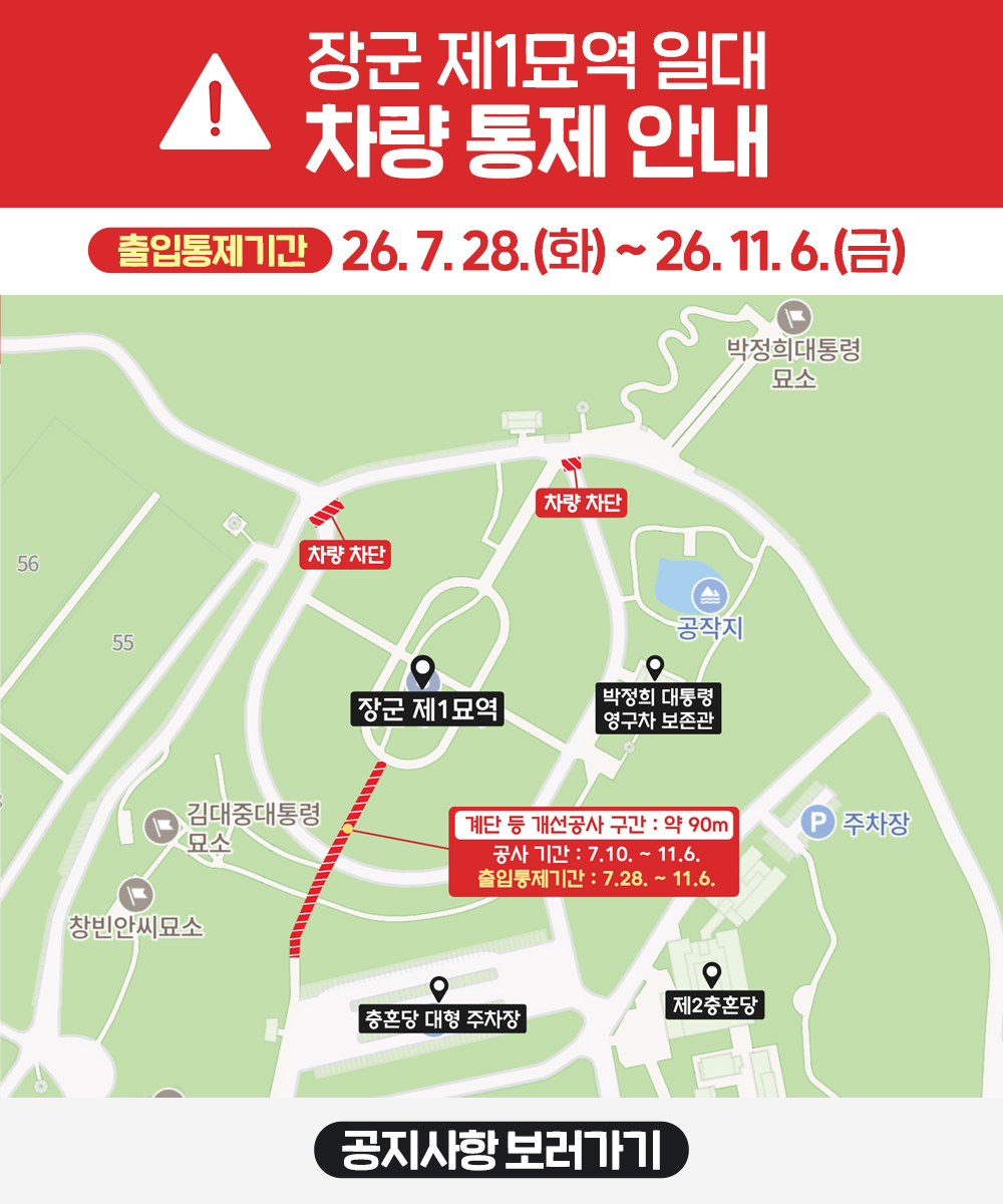장군 제1묘역 토목시설 개선공사에 따른 차량 통행 통제 안내
출입통제기간 : 26.7.28. （화） ~ 26.11.6. （금） 
안전이 허용된 구간에서 도보는 이용 가능